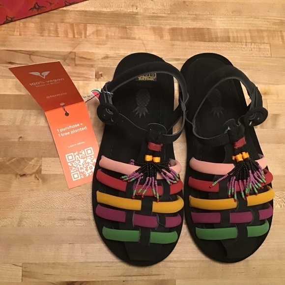 Farm Rio Beaded Rainbow Tube Strap Tassel Sandals with tropical print dust bag … - Picture 3 of 6